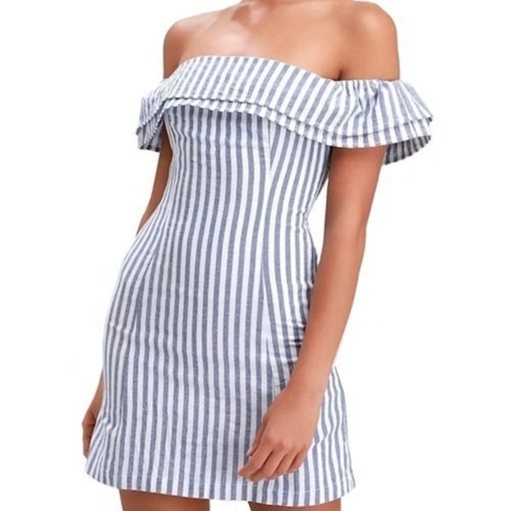 Lulus Seaside Skipper Off Shoulder Dress Womens S Blue White Striped 67544 NWT
